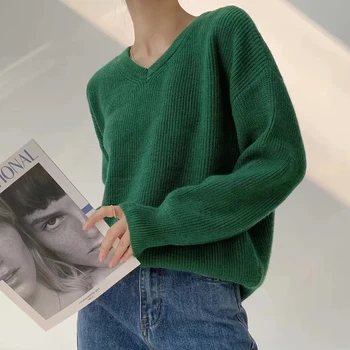 TWOTWINSTYLE Случайни свободен обикновен пуловер с темперамент на жените с V-образно деколте и дълъг ръкав Женски 2021 Есента модерен Стил на обличане на Нова