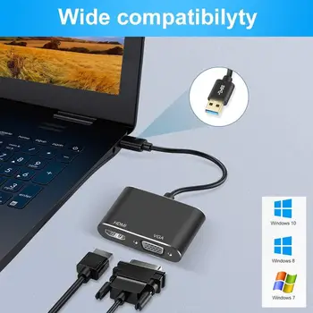 USB - съвместим с HDMI VGA Конвертор 1080P USB 3.0, Съвместим с HDMI VGA Адаптер с двоен изход Двоен Дисплей за Windows7/8/10