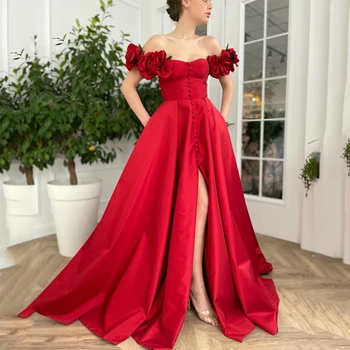 UZN Тъмно Червено атласное рокля за абитуриентски бал с висока цепка А-силует с джобове за бретелях с цветя върху раменете Дълги вечерни рокли Вечерна рокля в Дубай