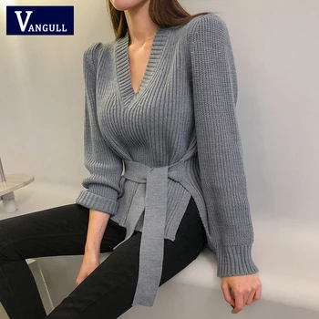 Vangull 2020 Нов секси V-образно деколте със странична цепка Дамски пуловери Реколта възли пуловери дантела Femme Есента женски пуловер жилетка