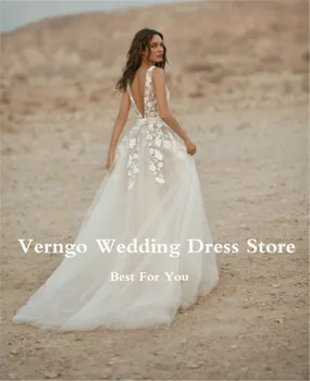 Verngo Нова Корекция на Сватбена рокля трапецовидна форма Boho с V-образно деколте Лейси апликация Тюл Разгъвка на Струята Сватбени рокли 2021 Robe de mariage