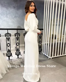 Verngo Прости булчинска рокля с дълги ръкави и V-образно деколте, еластичен сатен разрез страна, една скромна сватба рокли с дължина до пода, секси вечерна рокля