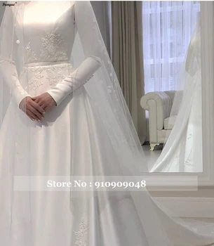 Vestido De Новия 2021 Мюсюлманската сватбена рокля с дълги ръкави и фатой с аппликацией от дантела и сатен трапецовидна форма Просто рокля за булката