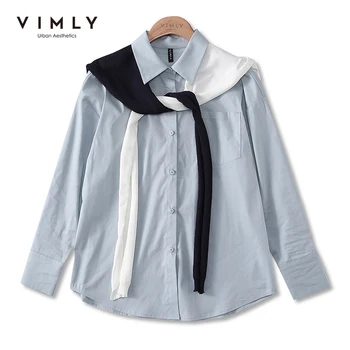 VIMLY Реколта сини ризи в гонконгском стил Дамски 2021 Есен финото палто Офис дамска риза с дълъг ръкав Шал Дамски блуза F8615