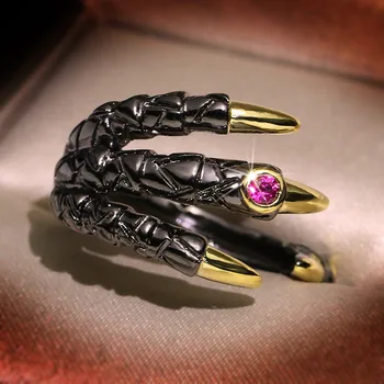 Vintage Пънк Мъжки пръстен двуцветен от вольфрамового нокът Дракон с червени цирконий, инкрустиран камък, Ретро Байкерские рок-пръстени, Подарък за бижута