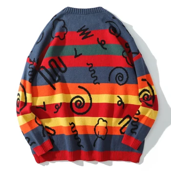Vintage Ретро Модел Графити с принтом Вязаный пуловер, Мъжки 2021 Есенна градинска облекло Оверсайз Harajuku Двойка Хип-хоп пуловер