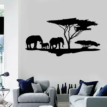 Vinyl Стикер На стената Африканска Природа Слонове Семейство на Африканско Дърво Стикери за Декорация на Дома, Хол, Детска Стикер На Стената Детска стая A245