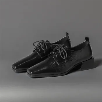 VLADO-MIYA Модни квадратни дамски обувки-лодка от телешка кожа на квадратен ток дантела Обикновена офис и кариера обувки за дамите Размер 34-42