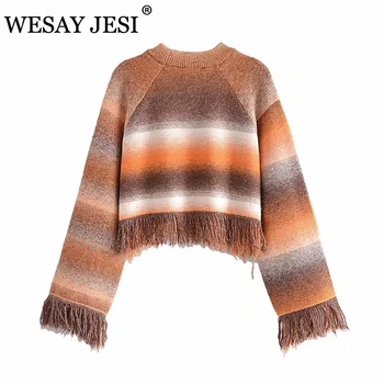 WESAY JESI ZA пуловер Есен зима Сладка Ретро шарени подгъва с ресни Кратък топ женски модел пуловер с кръгло деколте и дълги ръкави