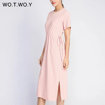 WOTWOY Дълги рокли-ризи Дамски летни колан с намаляване на кръста си Ежедневно с кръгло деколте и къс ръкав Свободно рокля на щиколотку Дамско памучно розово