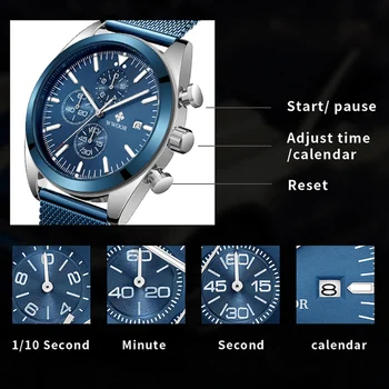 WWOOR 2021 Нова Мода Сини Мъжки часовници Най-добрата марка на Луксозни Кварцов часовник с хронограф Водоустойчив Мъжки спортен часовник Relogio Masculino
