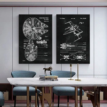 X-wing Патента Чертеж Печат върху платно, Украса на стаята за момчета Научна фантастика Двойка Подарък плакат Живопис Изкуство Steampunk Бижута