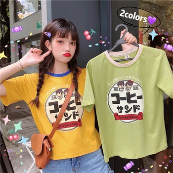 XUANHAO За жени в японски стил с анимационни принтом памучни тениски с къс ръкав За-образно деколте Лоскутная тениска 2019 Летни ежедневни потници тениски