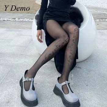 Y Демо Гръндж Секси прозрачни дамски чорапогащи с Готически букви Дълъг отглеждане на Женски Гамаши за партита 2021