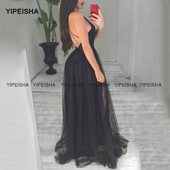 Yipeisha Секси рокли за абитуриентски бал с отворен гръб трапецовидна форма, черна вечерна рокля с висока цепка, дълга вечерна рокля vestidos de fiesta de noche