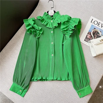 Young Gee Есенна мода Зелена риза с къдри Реколта блуза Дамска бяла дизайнерска с дълъг ръкав Луксозна шифоновая блуза с рюшами blusa feminina