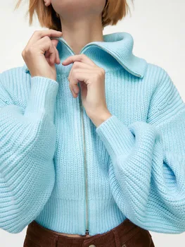 ZA есен и зима нов дамски прост и сладък стил на улицата с ръкави фенерчета на ревера на мълния кратък вязаный палто пуловер