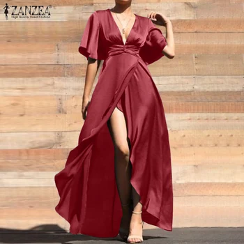 ZANZEA Модни дамски летни Макси Дълга рокля Елегантна Дълбоко V-образно деколте с къс ръкав Вечер сарафан Обикновен Всекидневен асиметричен Vestidos 7