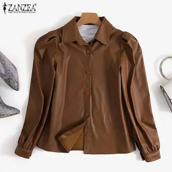 ZANZEA Модни дамски ризи от изкуствена кожа 2021 Пролет Есен Офис дама ПУ Блузи с дълъг ръкав Ежедневни обикновена извънгабаритни Blusa Femme 7