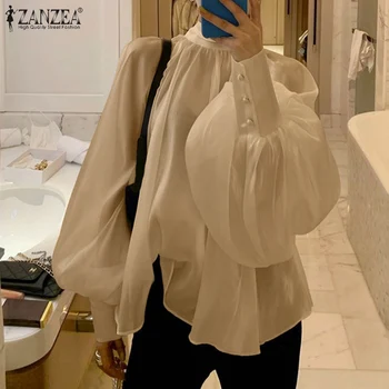 ZANZEA Модни сатен окото блуза Дамски Ежедневни риза с дълъг ръкав-фенерче Елегантна однотонная туника с високо воротом Върховете Офис вечерна риза