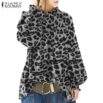 ZANZEA Стилни дамски ризи 2021 Бохемски принт Леопардовые блузи с дълъг ръкав с пищни ръкави Blusas Ежедневните Свободни Ретро туника Върховете на Извънгабаритни