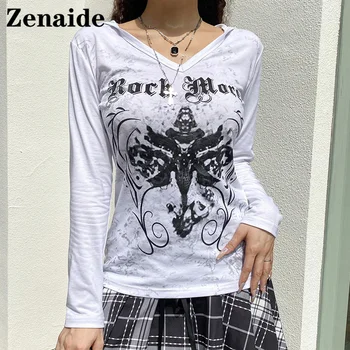 Zenaide 2021 Реколта Тениска с дълъг ръкав с качулка За жени Черен принт Фея Гръндж V-образно деколте, Ежедневна Мода, Графичен съкратен топ Y2K