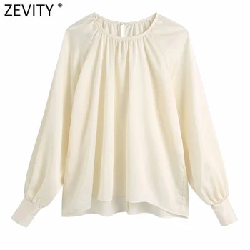 Zevity 2021 Дамска мода Гънки Кръгла яка Случайни Мек сатен, халат Блуза, Дамски Бизнес Свободна риза и Шикозни Блузи Blusas LS9640