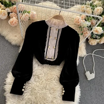 Zoki Елегантна дамска блуза Модерен черен двубортный пуловер Случайни О-образно деколте с дълъг ръкав Дамски блузи Корейски тънки дамски ризи