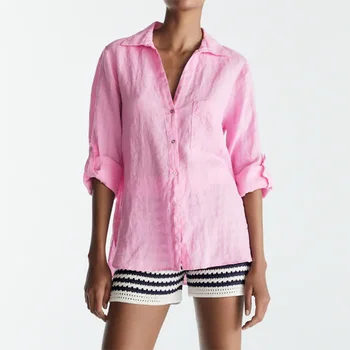 ZZKYT 2021 За жени Пролет Реколта Обикновена однобортные блузи Модни отличителни джобове с яка 6 цвята, Дамски Ежедневни ризи потници