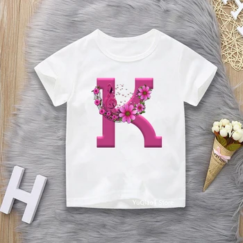Азбука Розова тениска с писмото принтом M за детски дрехи Тениска за момичета Тениска с музика и любов Детски дрехи Риза Harajuku
