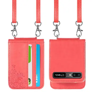 Антидетонационный кожен калъф-портфейл с панти капак за Samsung Galaxy Z Flip 3 Flip3 5G с каишка за телефон, Защитен калъф за карти памет