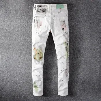 Бели нарисувани Графити Дънки Участък Тесни панталони с дълги крака Скъсани дънки за мъже Маркови дънки с принтом Тесни дънкови панталони