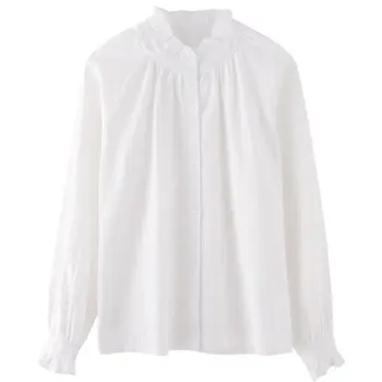 Бели ризи с копчета Женски корейски блузи с яка-ботуш и накъдрен Дамски Пролет 2021 Нова Ежедневна блуза с дълъг ръкав
