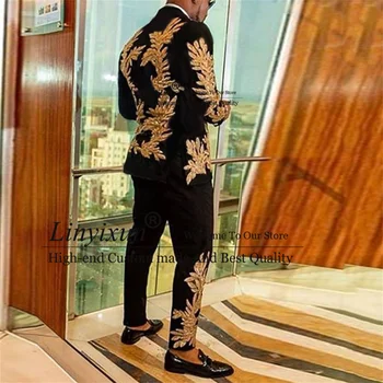 Блестящи бродирани мъниста Мъжки костюми със златни бродерии, Дебнещ Смокинги за младоженеца-Комплект от 2 теми, Мъжки бизнес блейзър Terno Masculino (Яке +Панталон)