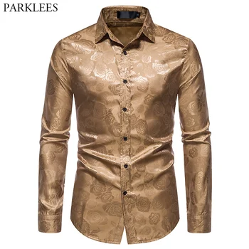 Блестящи Златни розови мъжки ризи с принтом 2021 Напълно Нова риза с дълъг ръкав за мъже, Вечерна Сватба Ежедневни риза за бала Homme 2XL