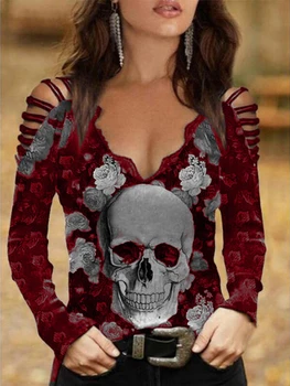 Блуза с открити рамене Дамска блуза в готически стил с принтом черепа Цвете блуза Пролет Есен Ежедневно с дълъг ръкав Секси выдалбливают блузи с V-образно деколте