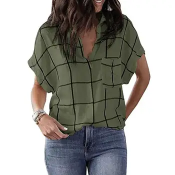 Блуза с отложным яка Удобна лятна риза с дълбоко деколте и джобове за кожата за ежедневна употреба