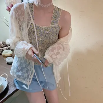 Блузи Дамски летни дантелени слънчеви Сладки Елегантни дамски момиче дантела в корейски стил, универсални уютни свободни шик нежно върховете Mujer