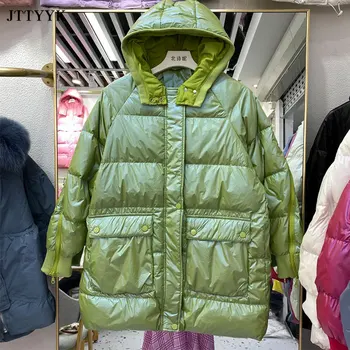 Бонбони с Цвят на Дебело зимно яке с цип За жени на средна дължина однотонное палто 2021 Нов Корейски пуховик с качулка на Пухени паркове