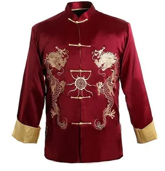 Бордовая Традиционната китайска мъжко яке Кунг-имам Палто, риза с бродерия Дракон M XL XXXL на Едро и в търговията на дребно