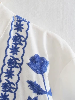 Бродерия в памучна риза Дамски Пролет 2022 Нова мода Горна дреха с дълъг ръкав Синьо-бялата порцеланова цвете блуза