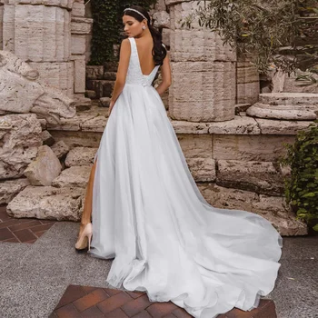 Булчинската рокля без ръкави 2020 Дантелени апликации на Сватбени рокли, Сватбени рокли Тюл V-образно деколте vestido de noiva за поръчка На Нов