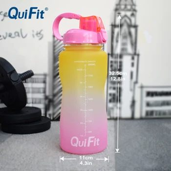 Бутилка за вода QuiFit 2 Л с панти капак, Задейства с марка време, Без BPA, Бутилка за вода на открито/на Къщата/на салона, Бутилка за вода с голям капацитет