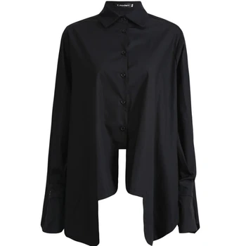 Бяла Черна блуза, Плюс Размера на Женската риза с дълъг ръкав Оверсайз 2022 Пролет Лято Върховете на Нередовен дугообразный подгъва Япония однобортный