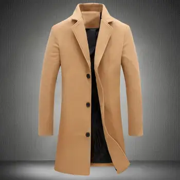 В есенно-зимната мода, Мъжки вълнени палта Плътен цвят Однобортный на ревера Дълго палто, Яке Ежедневното палто Плюс размер 5 цвята