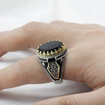 Винтажное два тона мъжки пръстен в придворном стил Елегантен инкрустированное черен камък Хип-хоп, Пънк Пръстени за мъже, Подарък за сватба парти