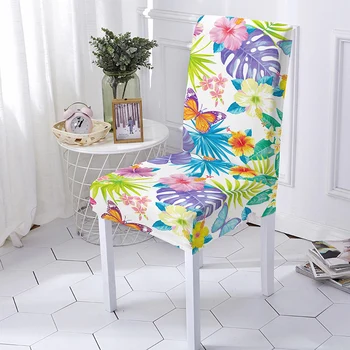 Високо Еластичен Калъф за стол с шарени листа/цветове Калъф за стол Еластичен Калъф за седалка, Анти-мръсен Калъф за стол Комплект за трапезария