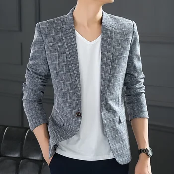 Висококачествен мъжки ежедневни яке в клетката в западен стил Slim Fit Корейски модерен едно парче костюм однобортный тънък красив яке