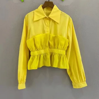 Висококачествени дизайнерски блузи за жени с отложным яка плисирана яка Деко с дълъг ръкав Ежедневни розови, жълти, червени ризи, Блузи дама