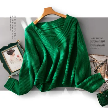 Вълна вязаный пуловер Шучан Пуловер Есен Зима Нов 2021 Английски Стил с V-образно деколте и Дебели Модерен пуловер в зелен цвят свободно намаляване на